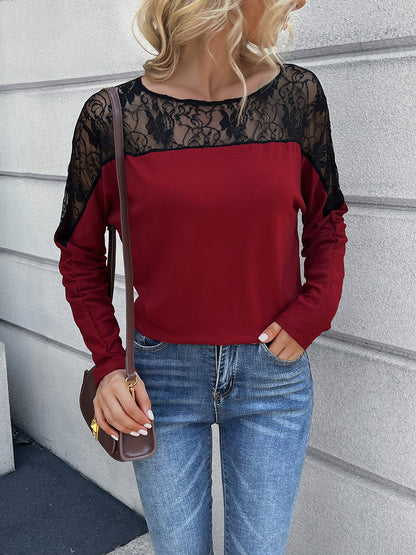 Lace Long Sleeve Round Neck Tee-Angel Casuals