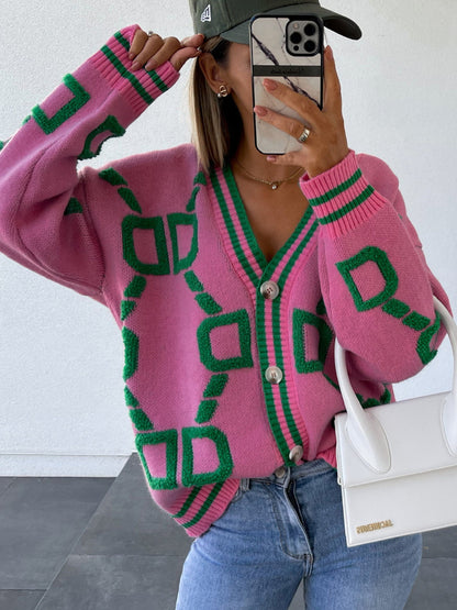Geometric Dropped Shoulder Button Down Cardigan-Angel Casuals