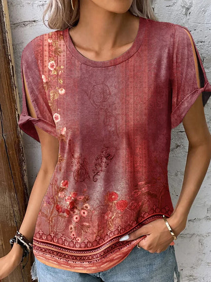 Printed Round Neck Short Sleeve T-Shirt-Angel Casuals