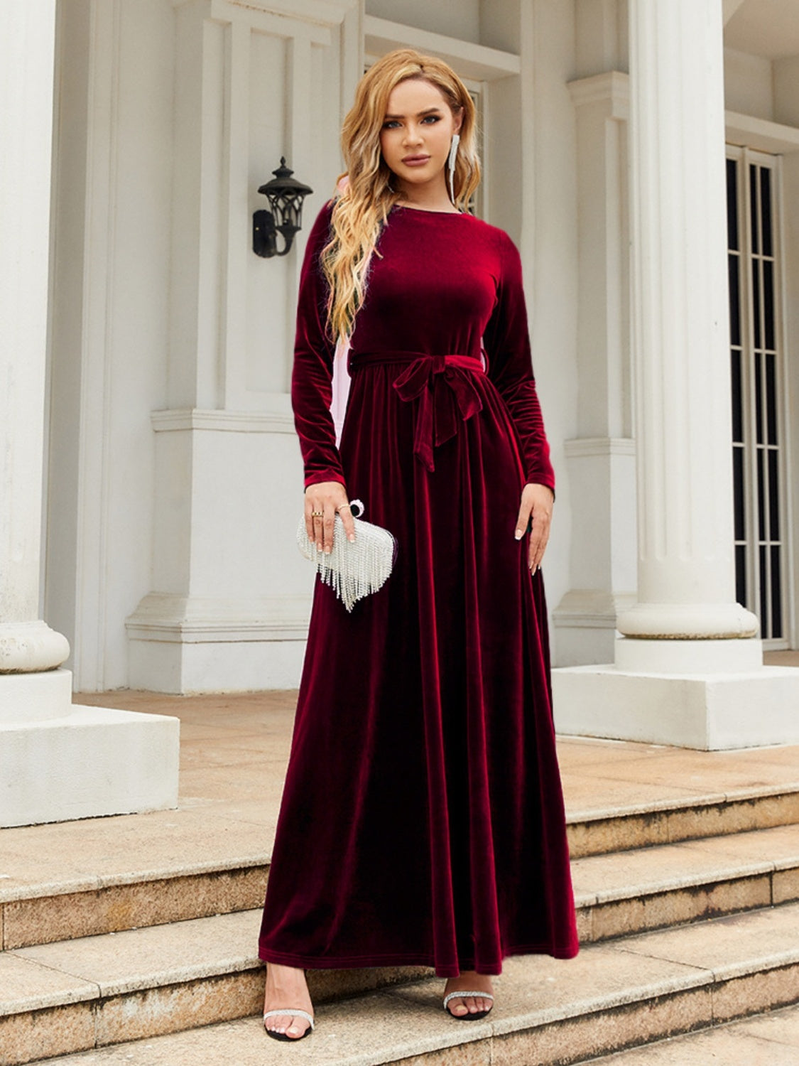 Tie Front Round Neck Long Sleeve Maxi Dress-Angel Casuals