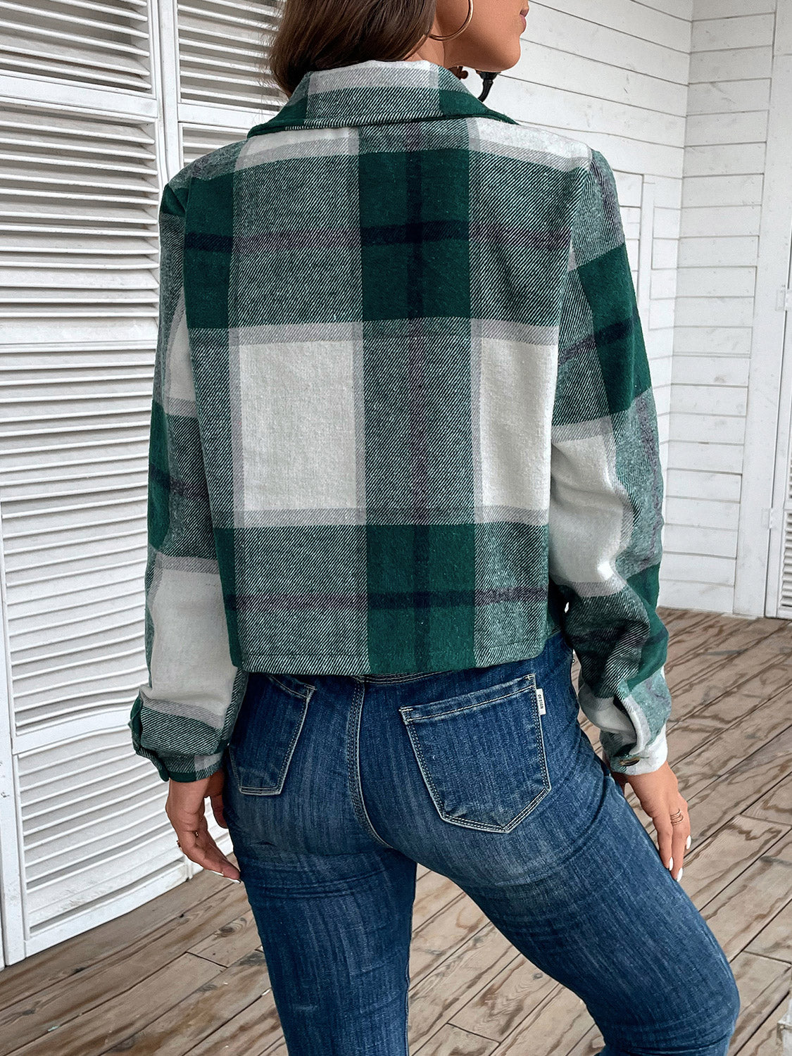 Perfee Plaid Collared Neck Button Up Long Sleeve Jacket-Angel Casuals