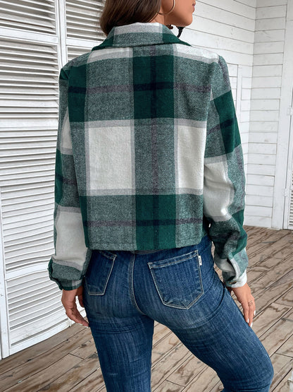 Perfee Plaid Collared Neck Button Up Long Sleeve Jacket-Angel Casuals