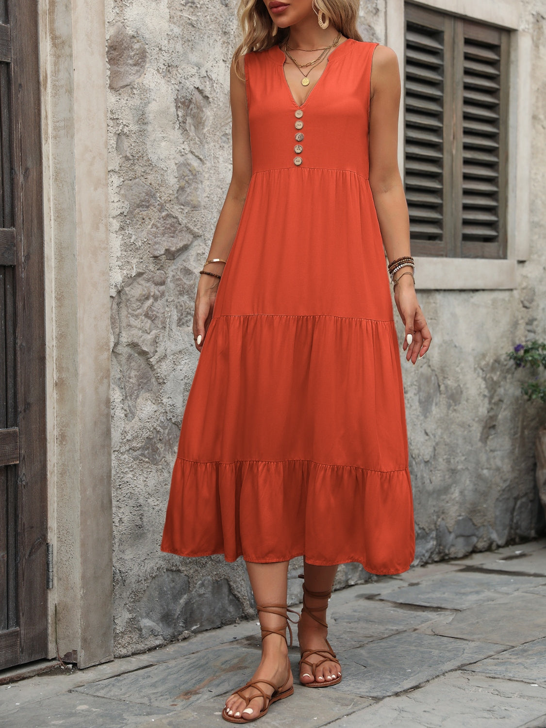 Decorative Button Notched Sleeveless Dress-Angel Casuals