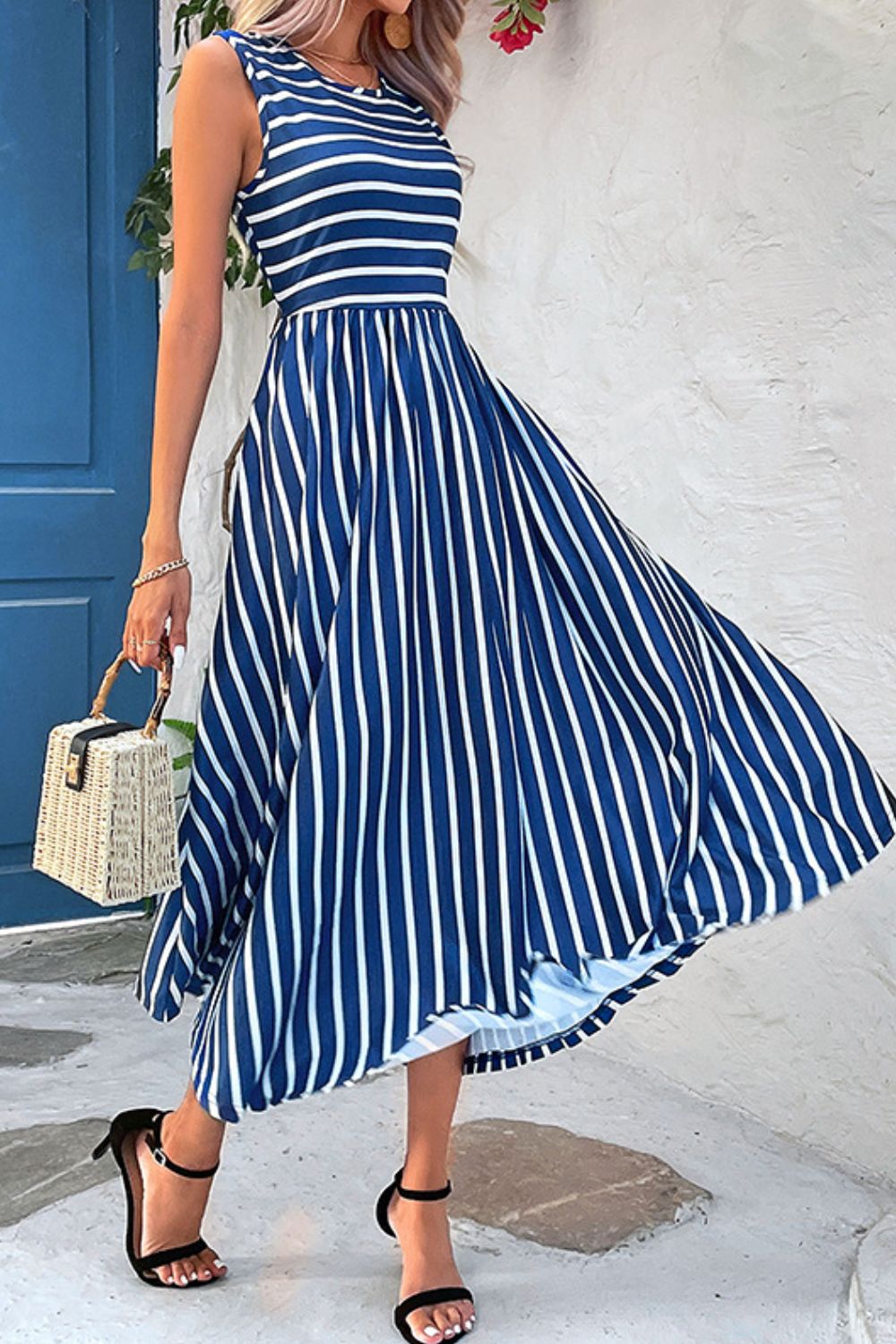 Striped Round Neck Sleeveless Dress with Pockets-Angel Casuals