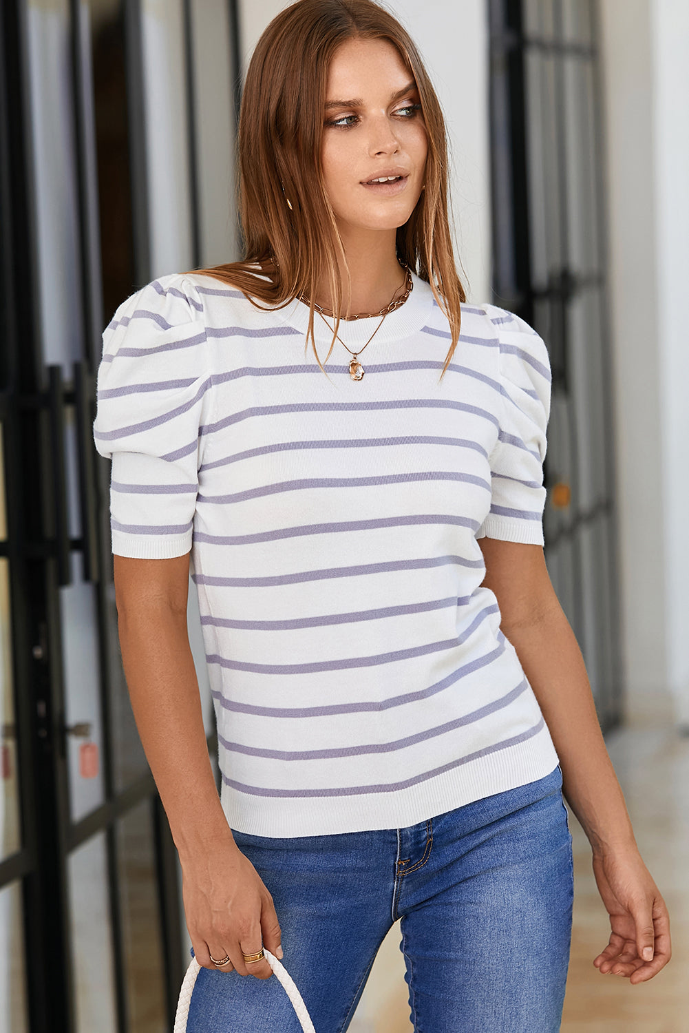 Striped Round Neck Puff Sleeve Knit Top-Angel Casuals