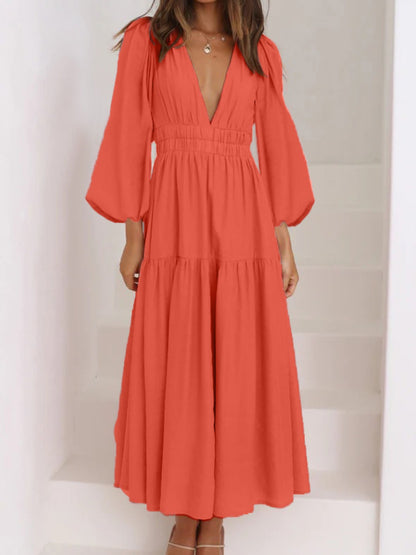 Deep V-Neck Balloon Sleeve Plain Maxi Dress-Angel Casuals