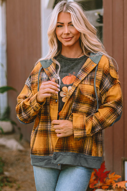 Plaid Hooded Button Front Jacket-Angel Casuals