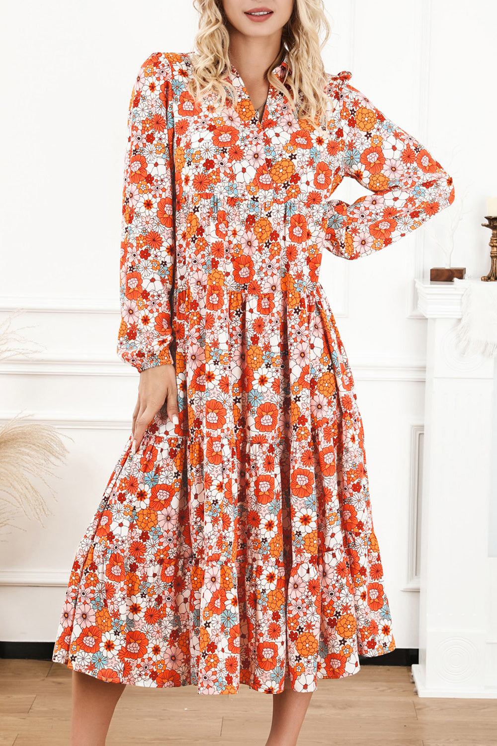 Floral Notched Neck Long Sleeve Dress-Angel Casuals