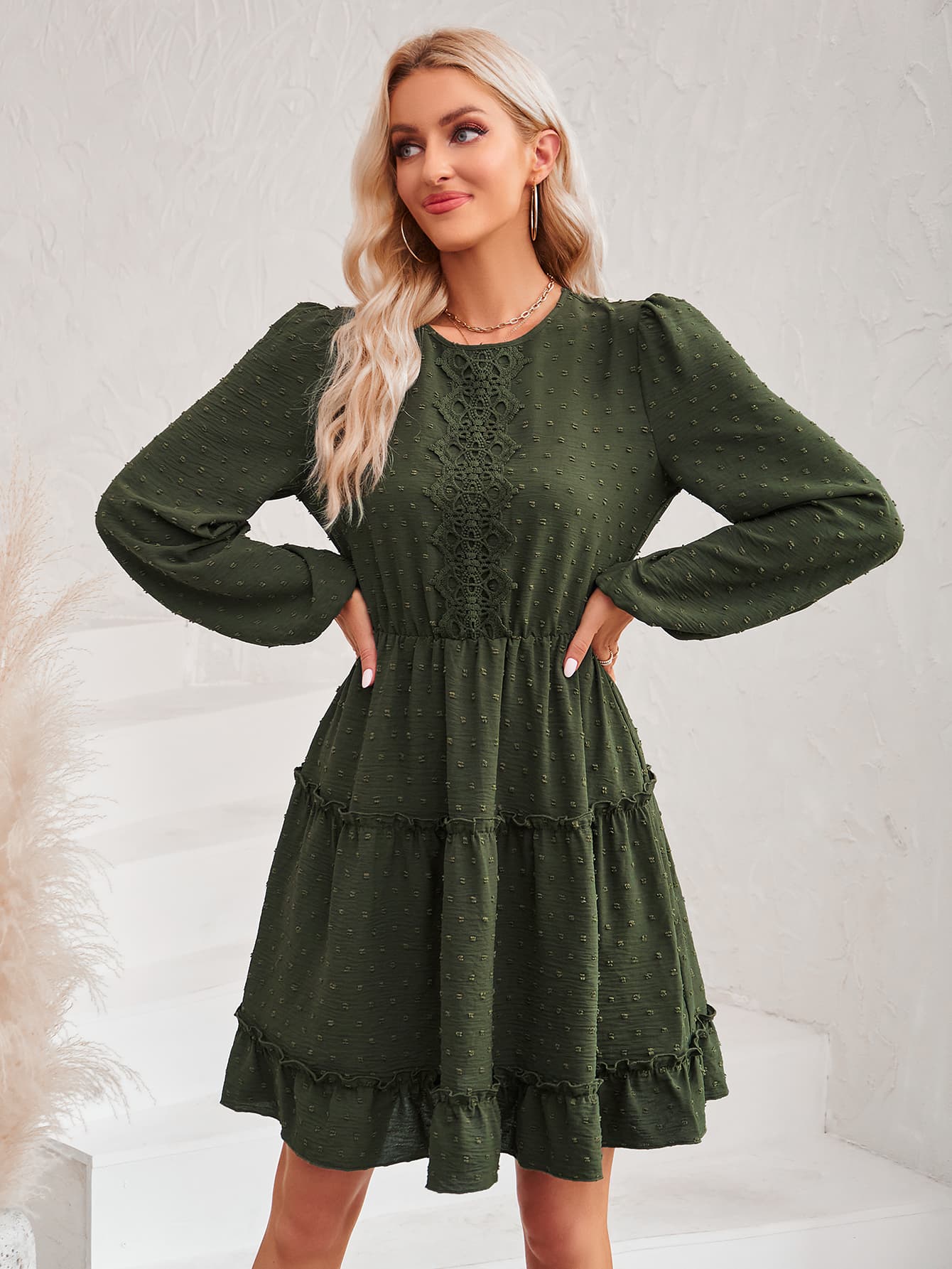 Swiss Dot Lace Trim Balloon Sleeve Dress-Angel Casuals