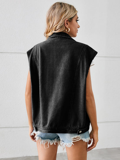 Pocketed Button Up Sleeveless Denim Jacket-Angel Casuals