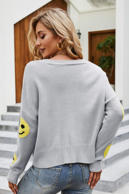 Smiley Face Ribbed Trim V-Neck Cardigan-Angel Casuals