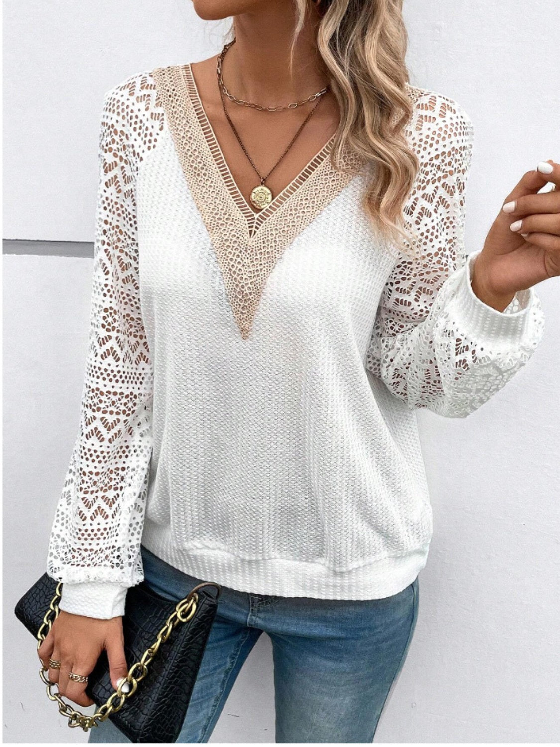 Lace V-Neck Raglan Sleeve Top-Angel Casuals