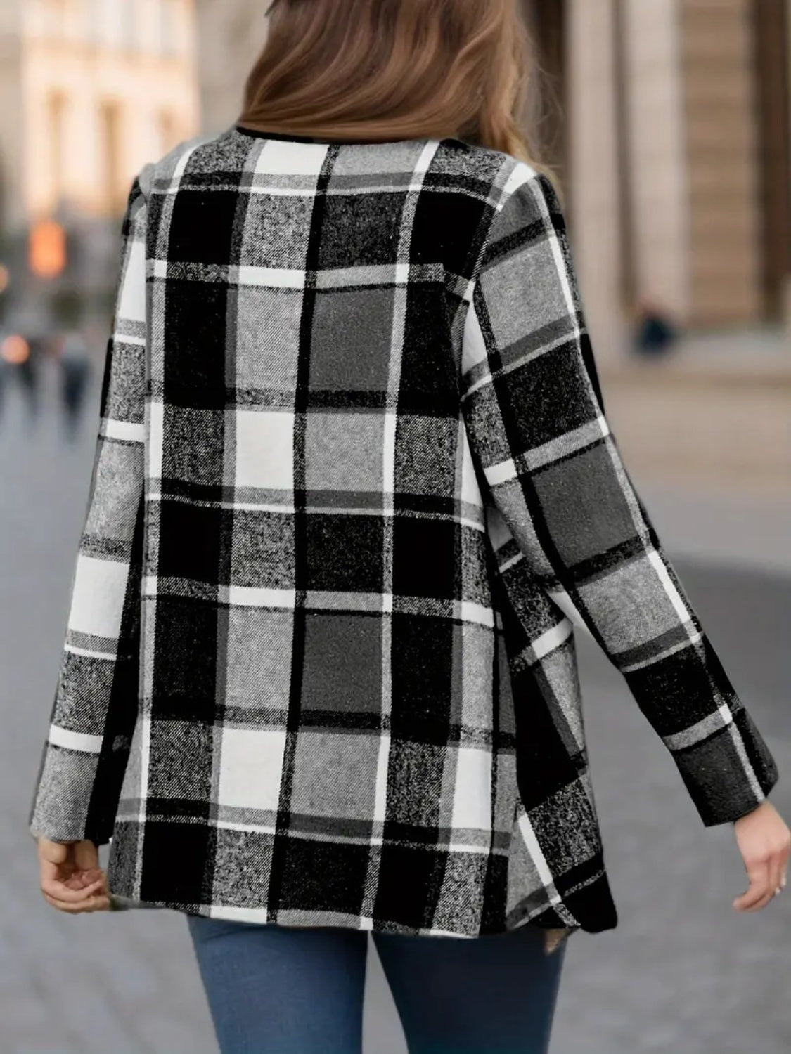 Plaid Open Front Long Sleeve Jacket-Angel Casuals