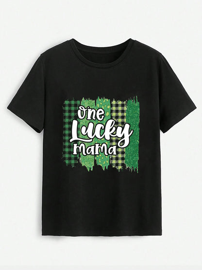 ONE LUCKY MAMA Round Neck T-Shirt-Angel Casuals