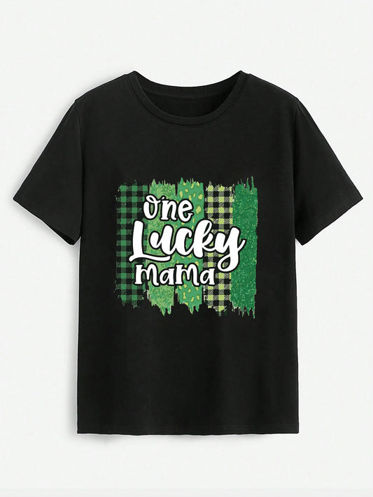 ONE LUCKY MAMA Round Neck T-Shirt-Angel Casuals