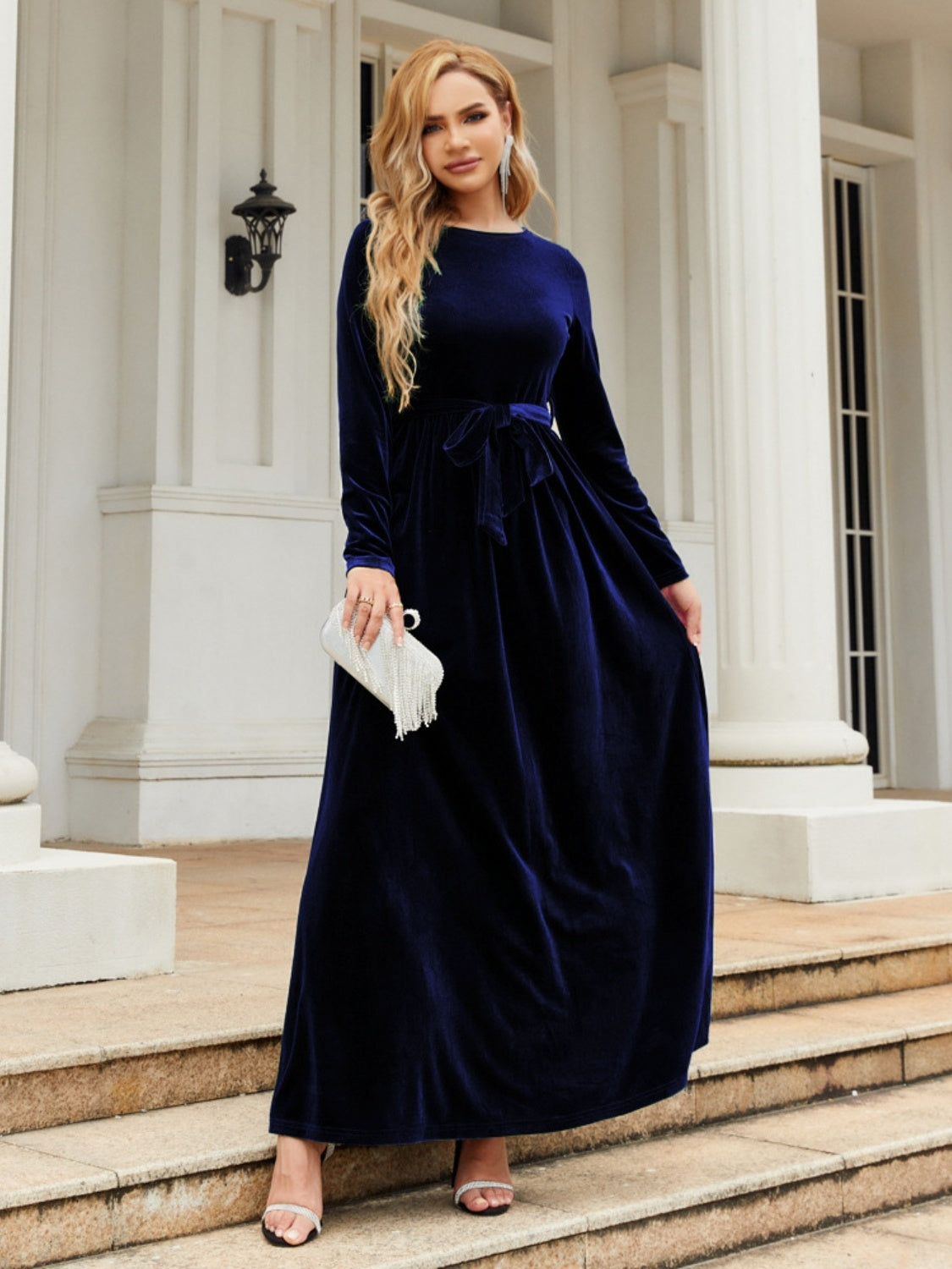 Tie Front Round Neck Long Sleeve Maxi Dress-Angel Casuals