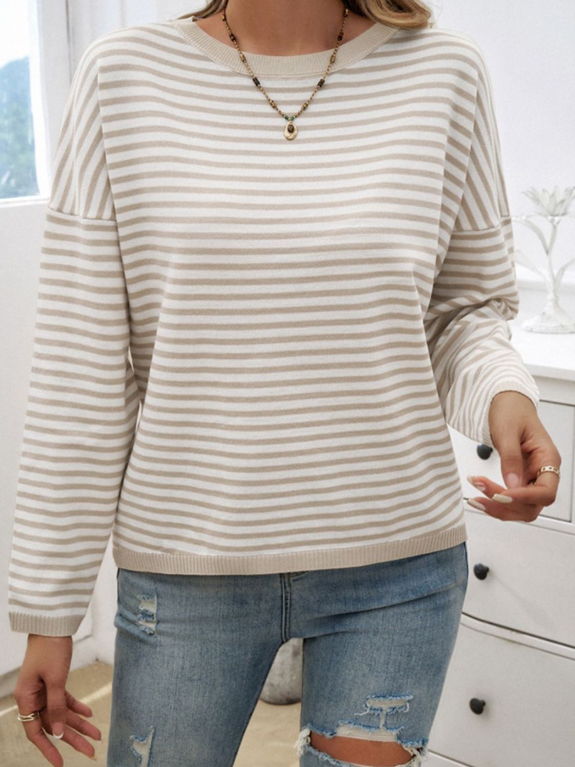 Devine Striped Round Neck Dropped Shoulder Sweater-Angel Casuals