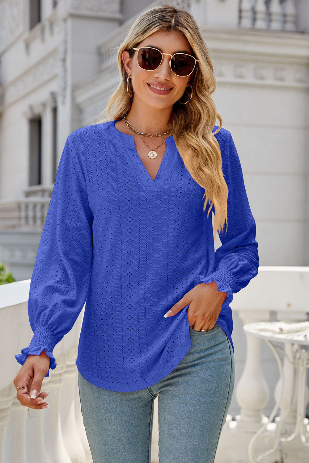 Eyelet Notched Lantern Sleeve T-Shirt-Angel Casuals