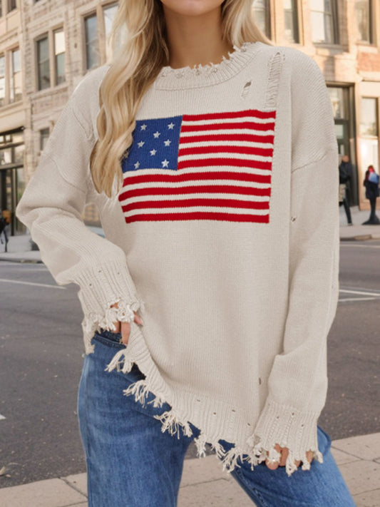 US Flag Distressed Round Neck Long Sleeve Sweater-Angel Casuals