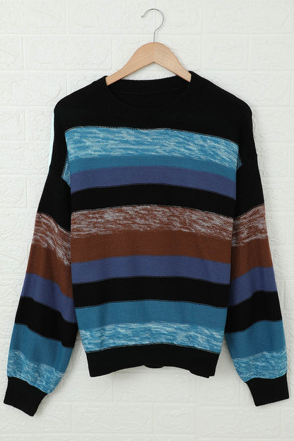 Contrast Striped Round Neck Drop Shoulder Sweater-Angel Casuals