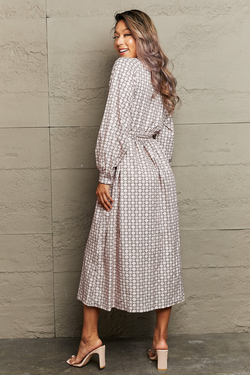 Printed Tie Waist Long Sleeve Dress-Angel Casuals