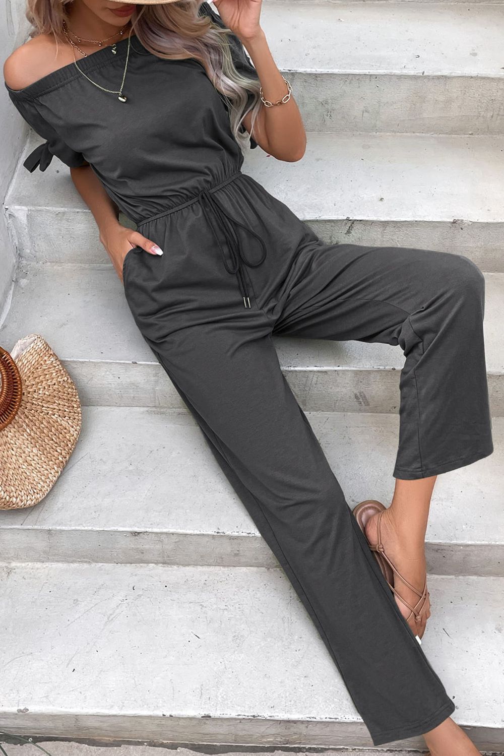 Off-Shoulder Tie Cuff Jumpsuit with Pockets-Angel Casuals