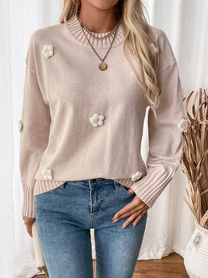 Perfee Flower Round Neck Long Sleeve Sweater-Angel Casuals