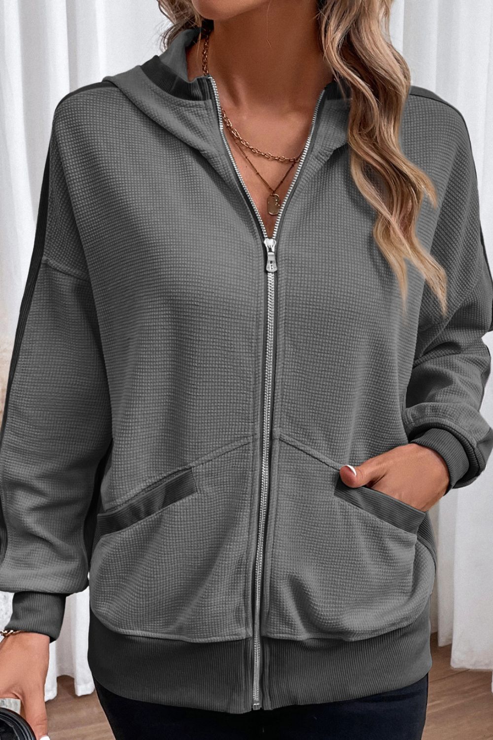 Waffle-Knit Pocketed Zip Up Hooded Jacket-Angel Casuals
