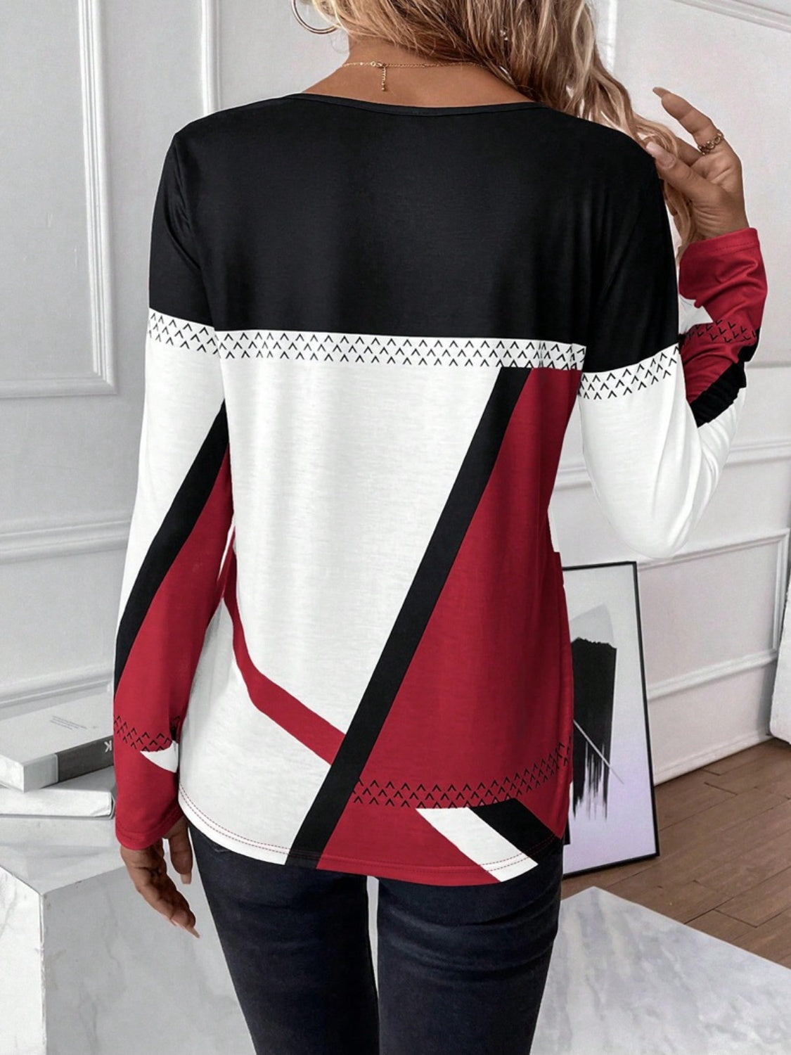 Contrast Round Neck Long Sleeve T-Shirt-Angel Casuals