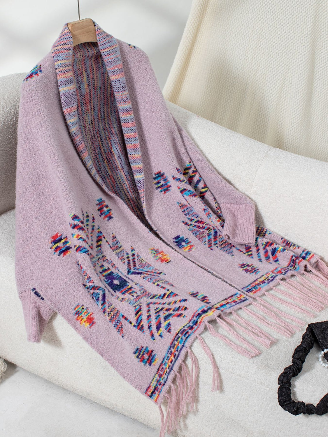 Fringe Geometric Open Front Long Sleeve Cape-Angel Casuals