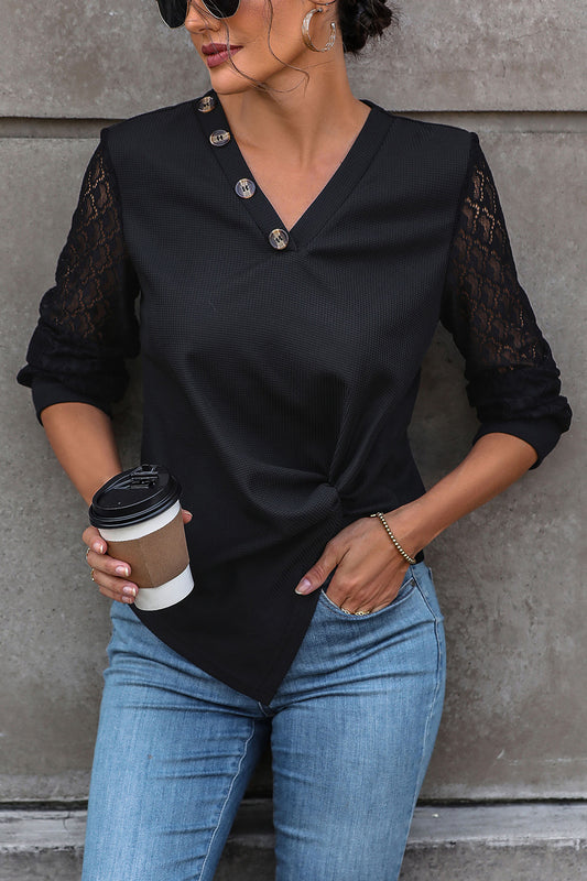 Twisted Decorative Button Long Sleeve T-Shirt-Angel Casuals