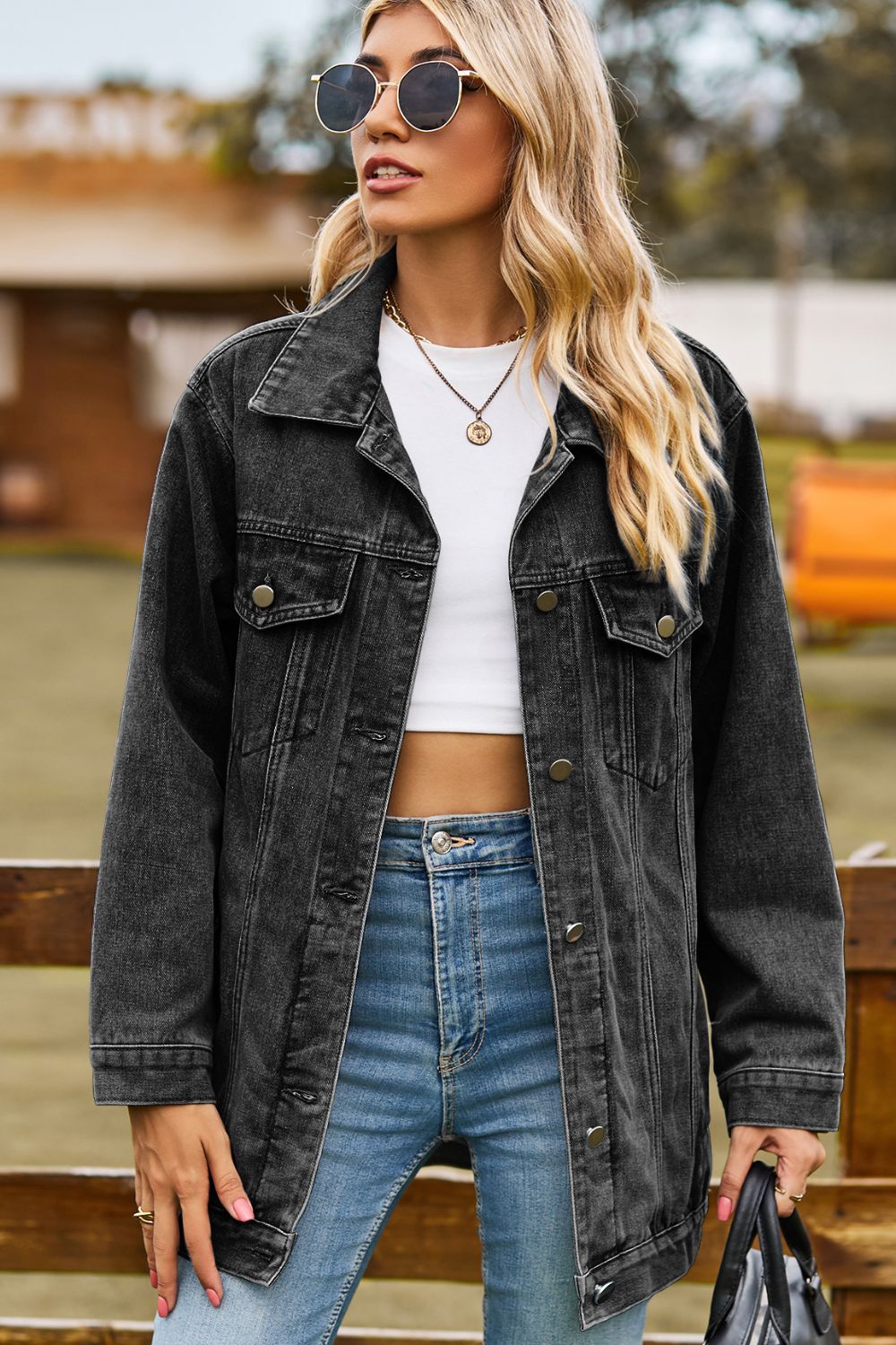 Buttoned Collared Neck Denim Jacket with Pockets-Angel Casuals