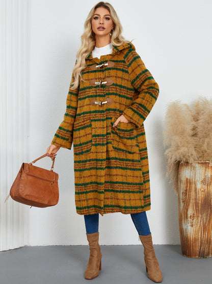 Plaid Long Sleeve Hooded Coat with Pockets-Angel Casuals