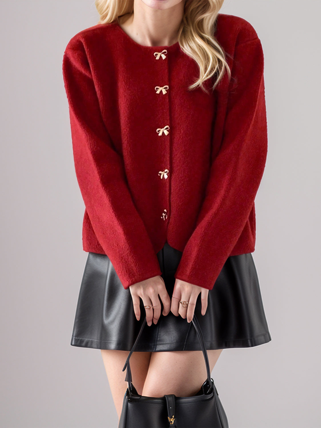 Bow Button Down Round Neck Long Sleeve Cardigan-Angel Casuals
