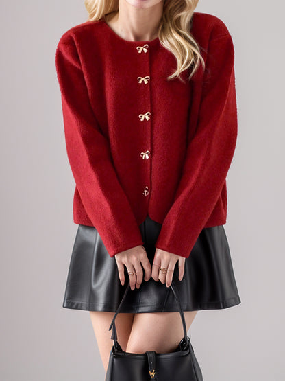 Bow Button Down Round Neck Long Sleeve Cardigan-Angel Casuals