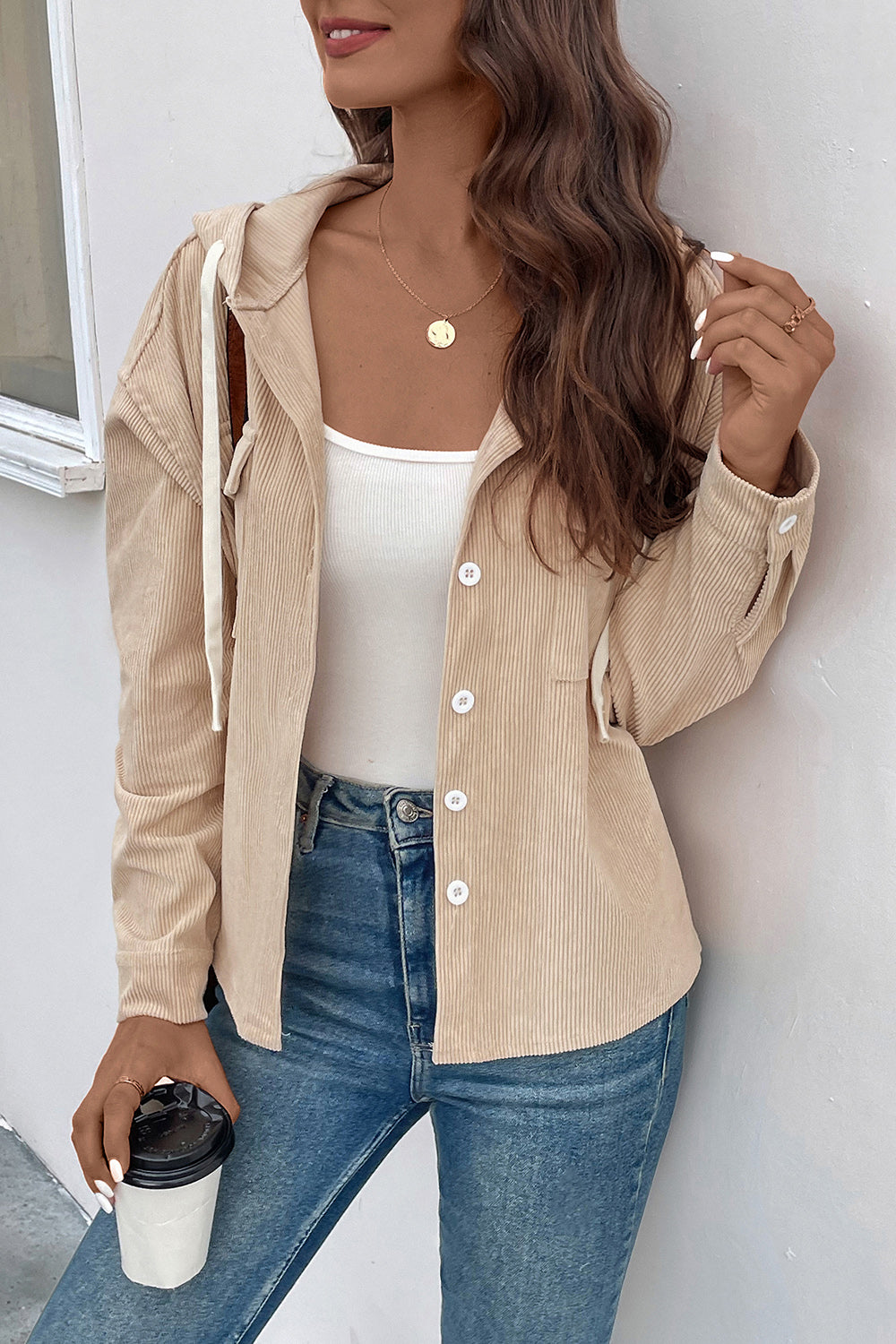 Perfee Ribbed Button Up Drawstring Hooded Jacket-Angel Casuals
