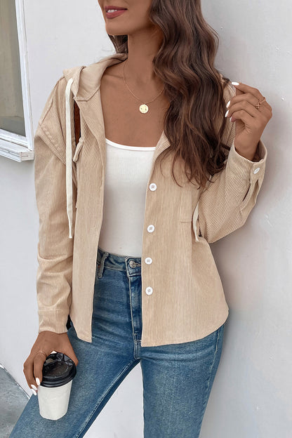Perfee Ribbed Button Up Drawstring Hooded Jacket-Angel Casuals