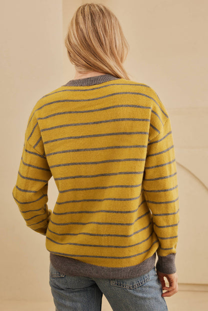 Flower Stripe Round Neck Long Sleeve Sweater-Angel Casuals