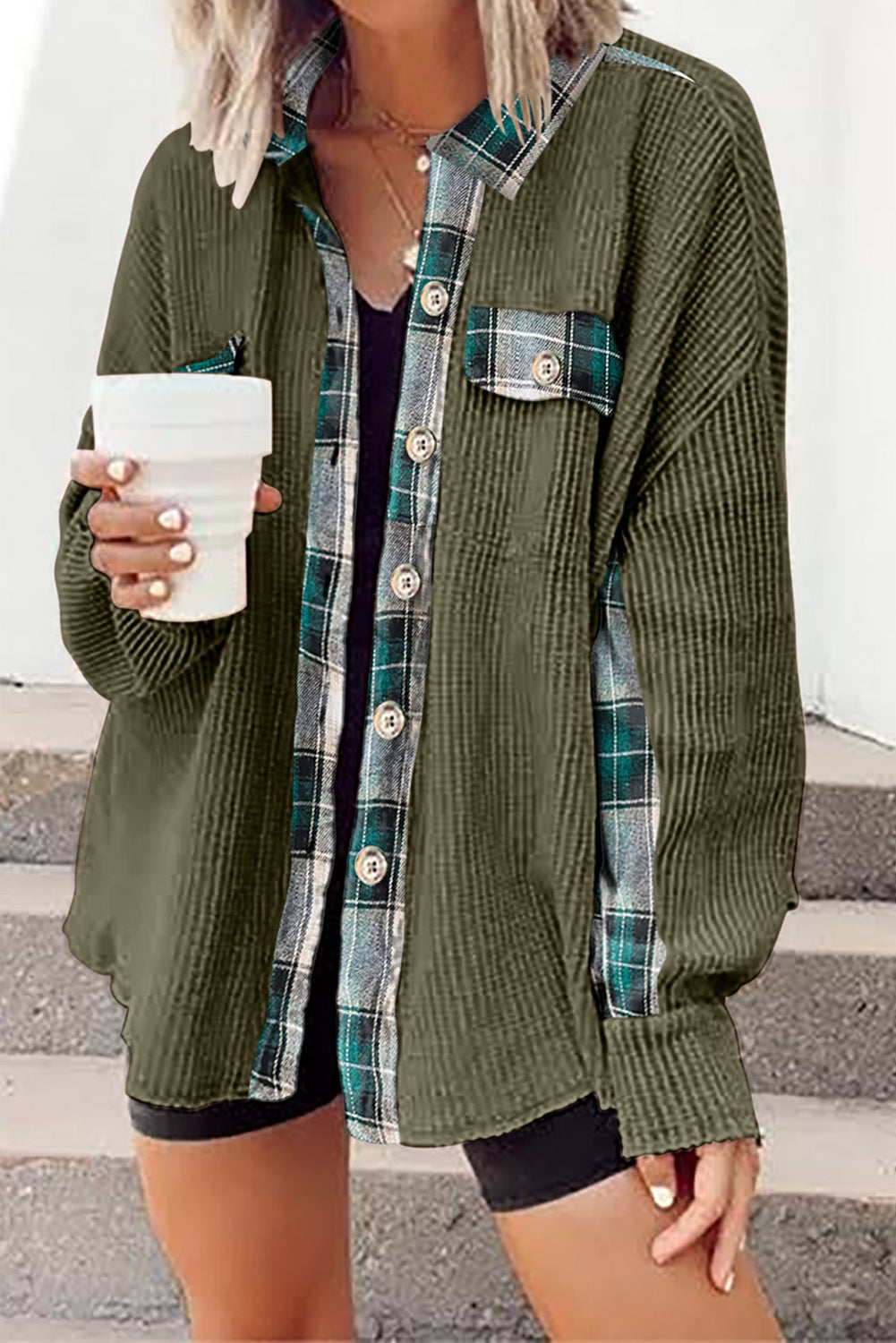 Plaid Button Down Collared Jacket-Angel Casuals