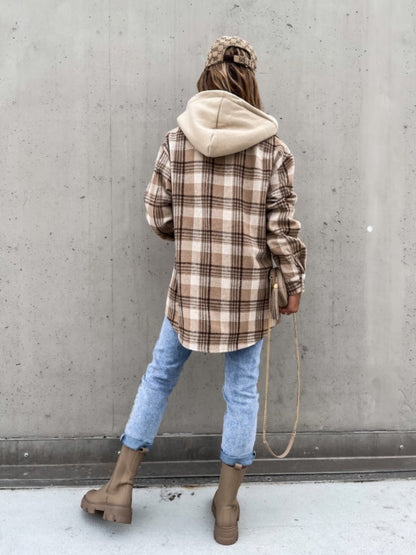Plaid Dropped Shoulder Hooded Jacket-Angel Casuals