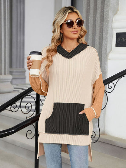 Double Take Contrast Hooded Long Sleeve Top-Angel Casuals
