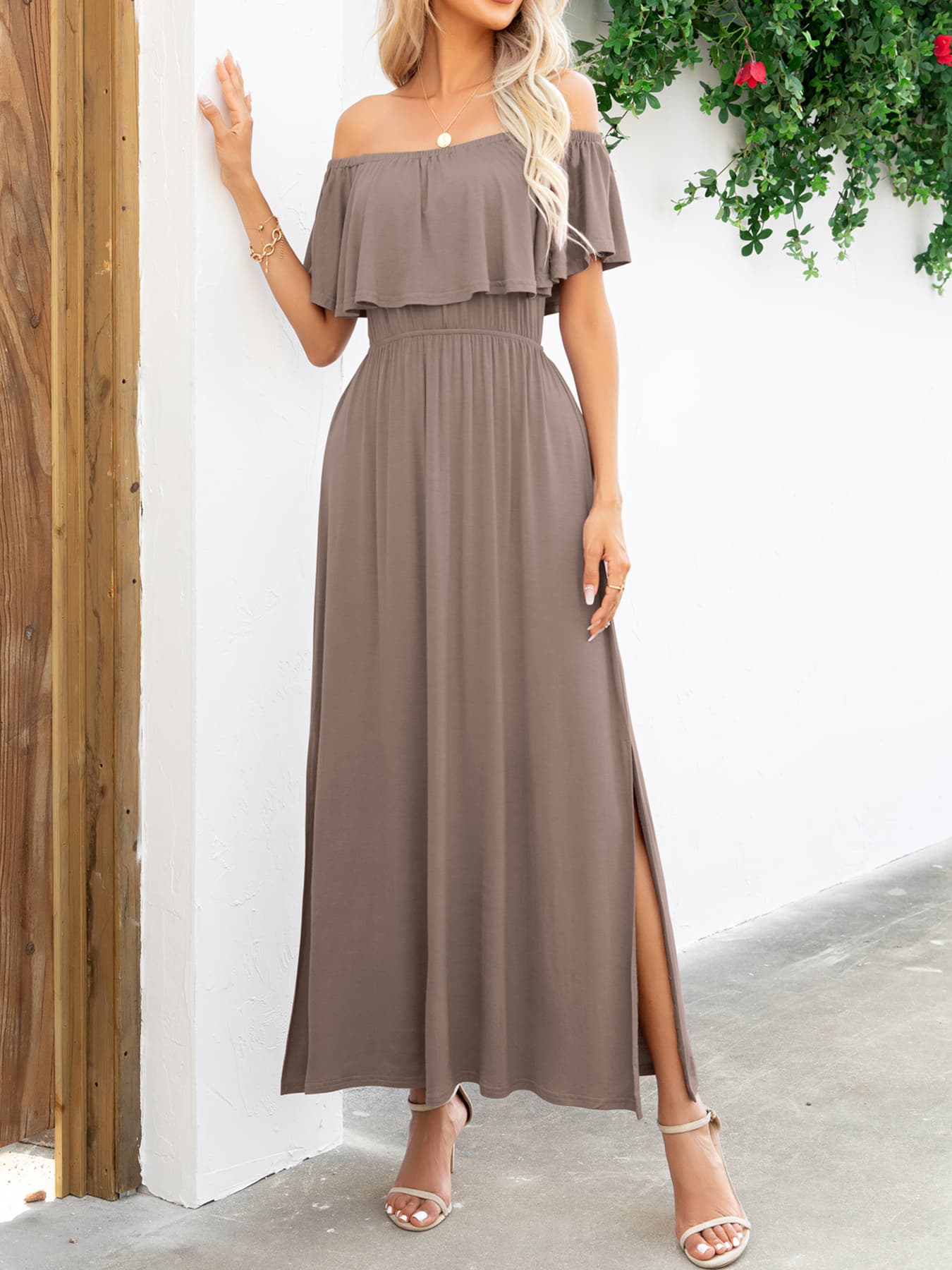 Off-Shoulder Slit Maxi Dress-Angel Casuals