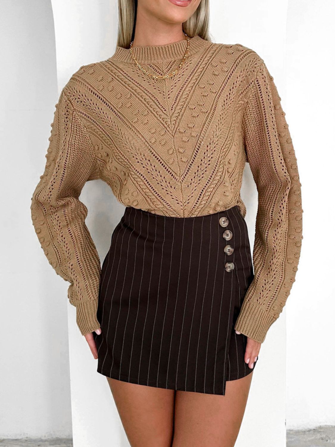 Perfee Openwork Round Neck Long Sleeve Sweater-Angel Casuals