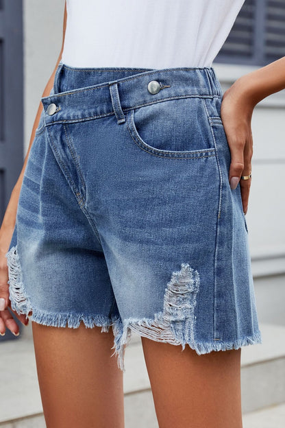 Distressed Raw Hem Asymmetric Waist Denim Shorts-Angel Casuals