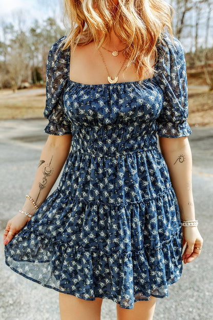 Printed Square Neck Short Sleeve Dress-Angel Casuals