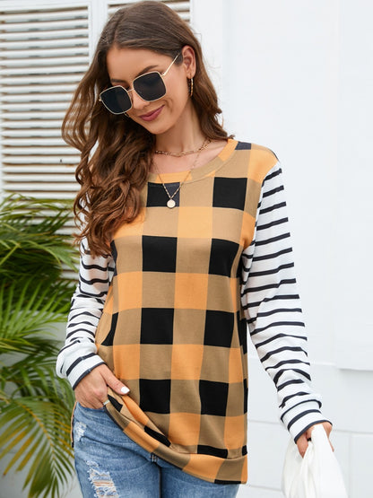 Plaid Striped Round Neck Long Sleeve T-Shirt-Angel Casuals