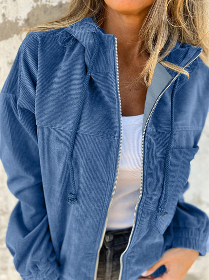 Drawstring Zip Up Long Sleeve Hooded Jacket-Angel Casuals