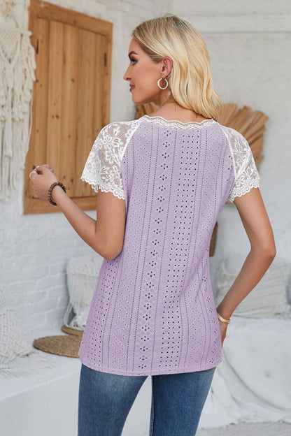 Eyelet V-Neck Lace Short Sleeve T-Shirt-Angel Casuals