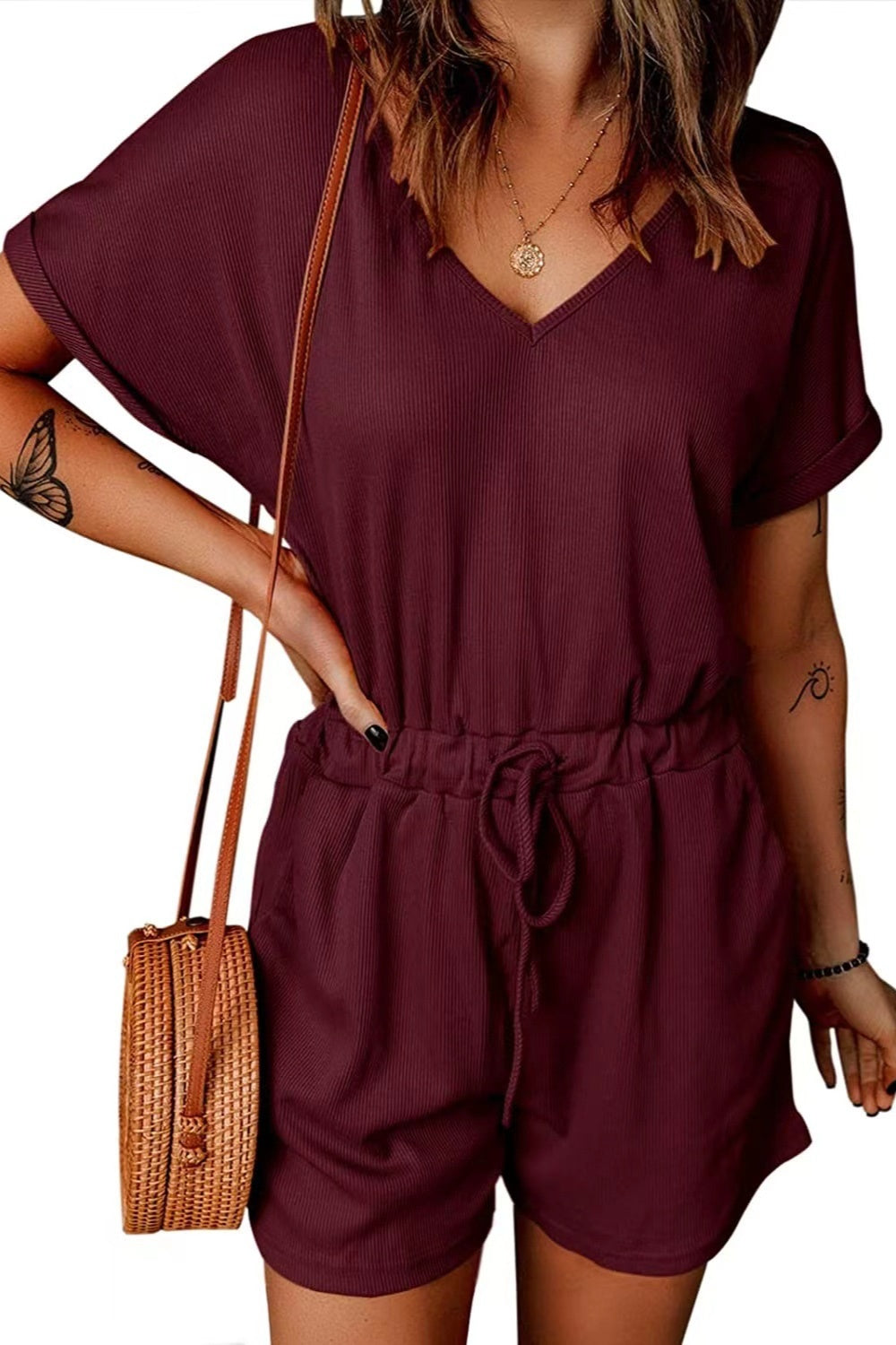 Full Size Drawstring V-Neck Short Sleeve Romper-Angel Casuals