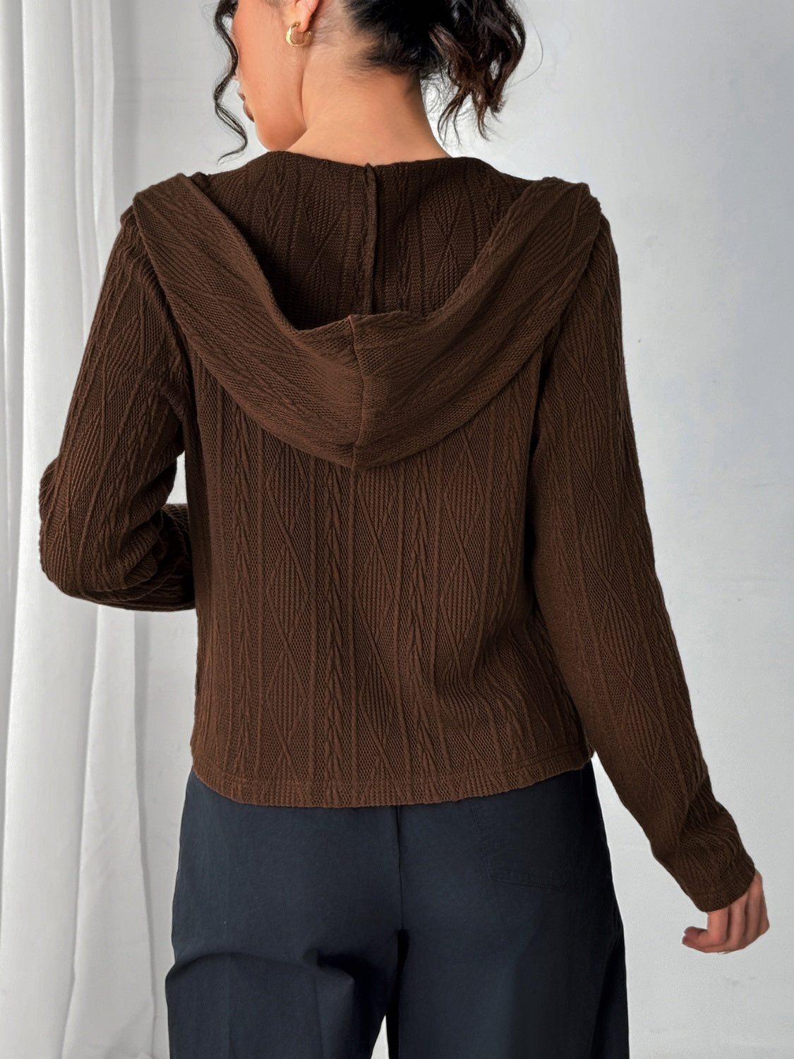 Texture Zip Up Long Sleeve Hooded Outerwear-Angel Casuals